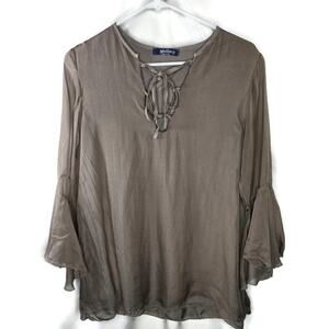 Giulia Italian Silk Beige Taupe Tie Front Boho Top Size Medium